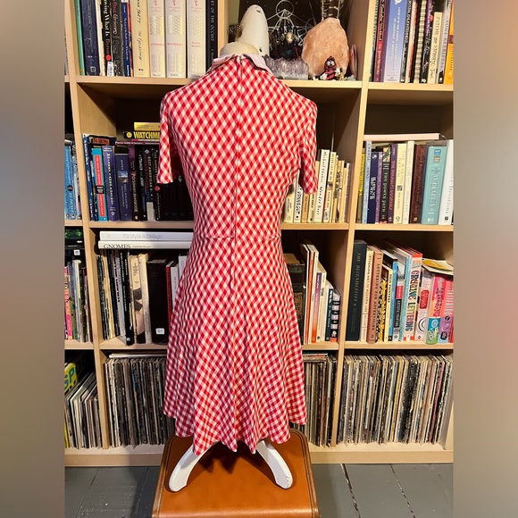 Vintage 60s 70s gingham red white mod dolly skater dress big collar clowncore - Picture 3 of 5